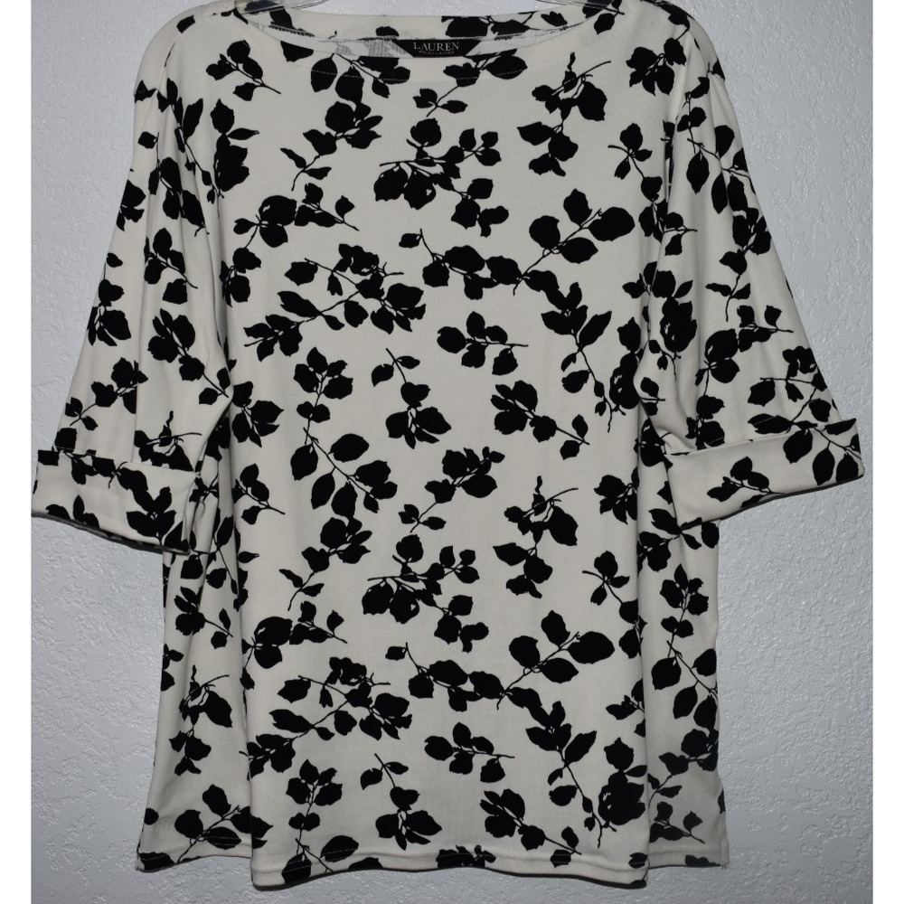 Lauren Ralph Lauren 1X Top Cotton Stretch Floral White/Black Half Sleeve Cuffed